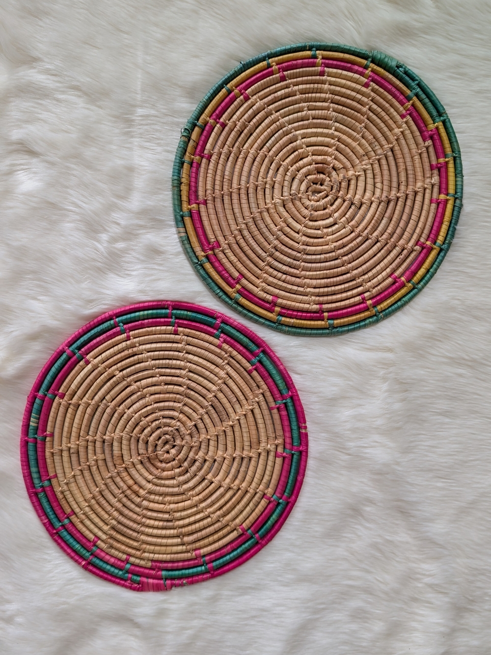 Handwoven Rattan Placemats with Pink and Green Trim - Set of 2